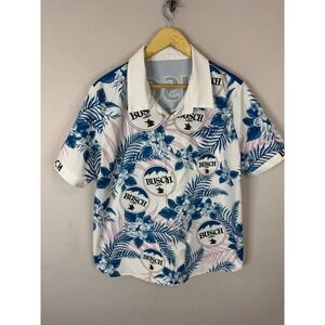 Busch Light Beer Tropical Hibiscus Floral Button Up Shirt Mens Blue White L